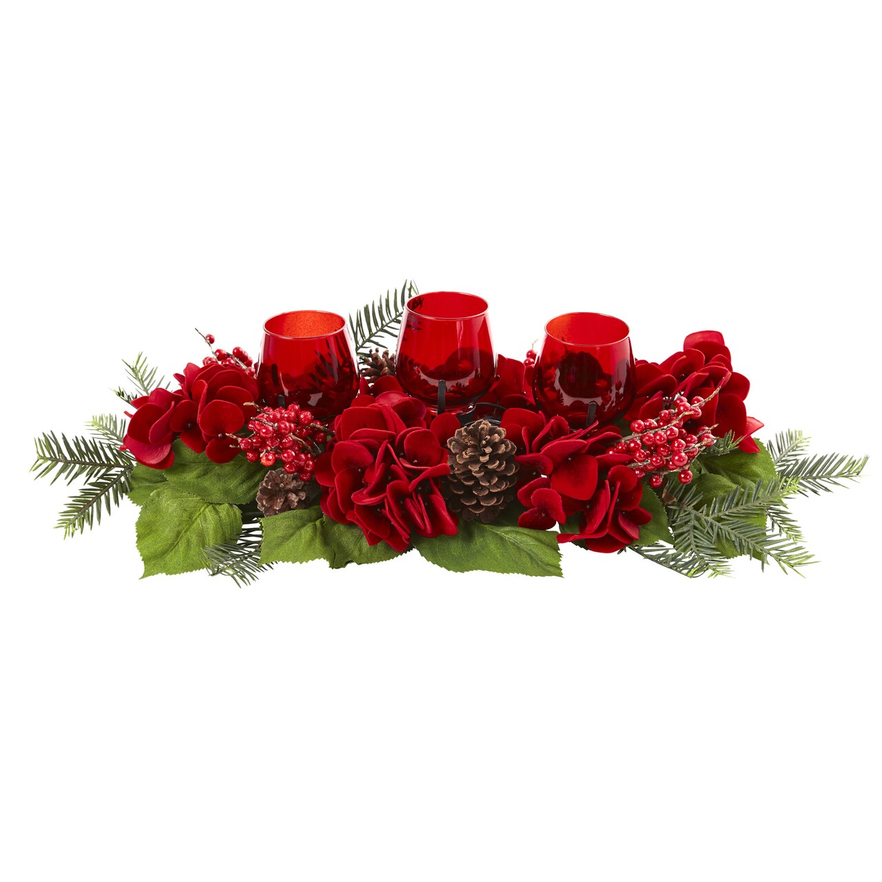 Nearly Natural 24" Hydrangea and Pinecones Christmas Triple Artificial Candelabrums